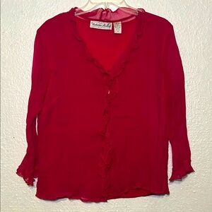 Victoria Holly vintage 90s pink silk button up blouse with ruffle top